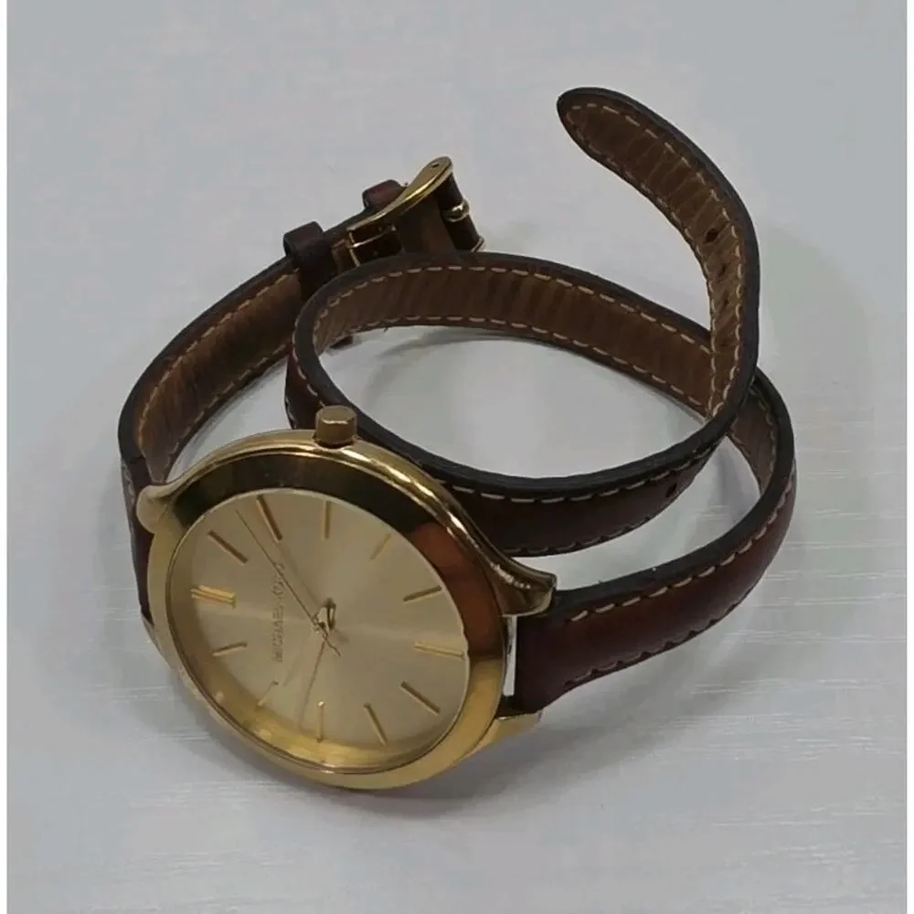 Michael Kors MK2256 Womens Runway Gold Tone Watch Leather Strap New Battery W266